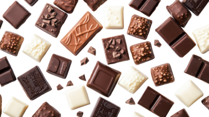 Assortment of delicious chocolate pieces isolated on transparent background