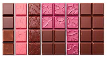 Assortment of gourmet chocolate bars with intricate patterns isolated on transparent background