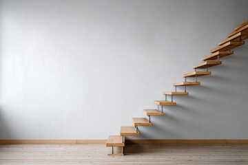 Modern floating wooden stairs ascend a minimalist wall.