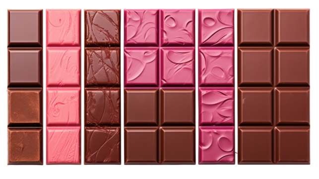 Assortment of gourmet chocolate bars with intricate patterns isolated on transparent background
