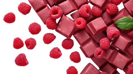 Pink chocolate bar pieces with fresh raspberries isolated on transparent background