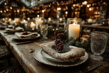 Fototapeta premium Table élégante dressée pour le dîner de Noël avec décorations festives, assiettes, bougies et ambiance chaleureuse pour les fêtes de fin d'année