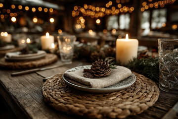 Table &eacute;l&eacute;gante dress&eacute;e pour le d&icirc;ner de No&euml;l avec d&eacute;corations festives, assiettes, bougies et ambiance chaleureuse pour les f&ecirc;tes de fin d'ann&eacute;e