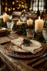 Fototapeta premium Table élégante dressée pour le dîner de Noël avec décorations festives, assiettes, bougies et ambiance chaleureuse pour les fêtes de fin d'année
