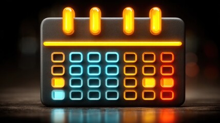 Neon calendar icon with glowing day blocks, appointment markers, and digital scheduling visuals for business planning and event coordination themes