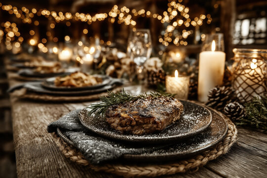 Table &eacute;l&eacute;gante dress&eacute;e pour le d&icirc;ner de No&euml;l avec d&eacute;corations festives, assiettes, bougies et ambiance chaleureuse pour les f&ecirc;tes de fin d'ann&eacute;e