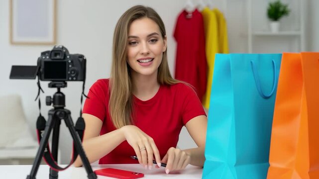 Engaging influencer shares unboxing haul, pointing excitedly at new products with shopping bags 4k high quality footage