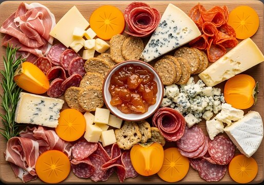Gourmet Charcuterie Board with Assorted Cheeses, Cured Meats, Crackers, Fresh Persimmons, Jam, and Rosemary on a Wooden Platter, Top View