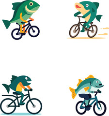 Obraz premium Cartoon Fish Riding Bicycle Illustration Funny Fish Cycling Vector Art