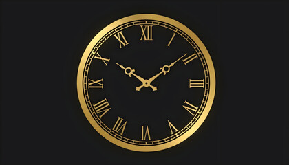 A clock face with Roman numerals, the hands pointing to midnight, set against a black background
