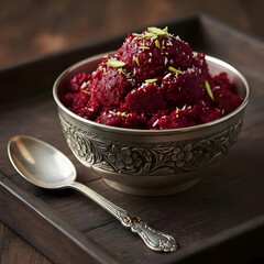 A close-up, eye-level shot captures a bowl of beet halwa