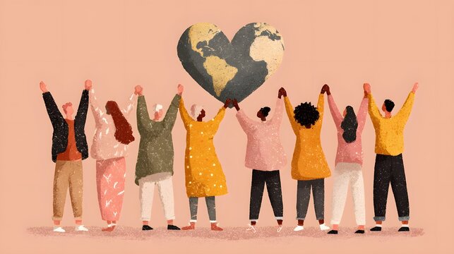 Diverse group of people walking forward in unity holding hands before a large heart shaped world - Powered by Adobe