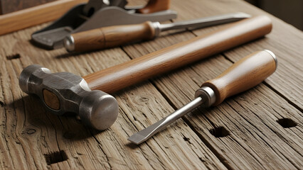 Vintage woodworking tools including a hammer and chisels on a rustic wooden workbench
