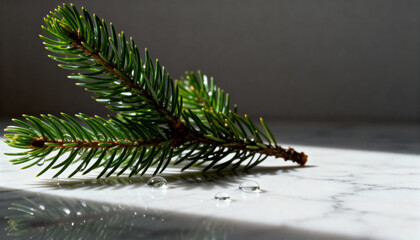 A fresh spruce branch with small water droplets, resting on clean, white marble, isolated element, natural light, ultra-sharp detail