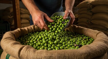 Person pouring fresh green olives from a bowl into a sack