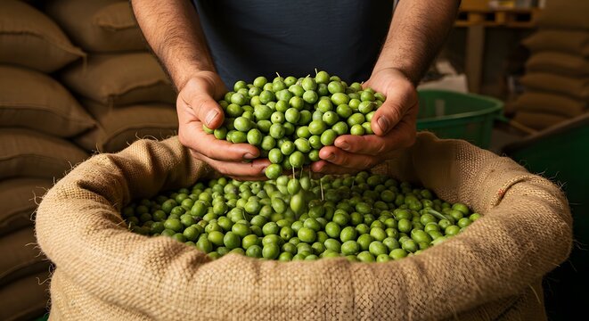 Person holding fresh green olives harvested for olive oil