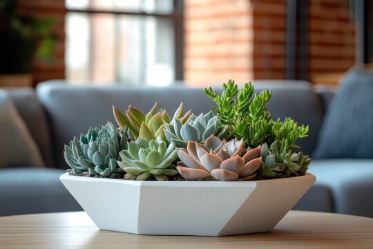 A stylish arrangement of various colorful succulents in a white hexagonal planter adorns a wooden table, enhancing a modern living room's ambiance.