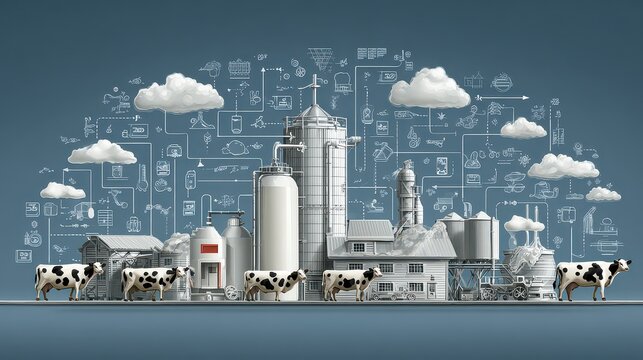 Modern Dairy Farm with Cows, Silos, and Agricultural Icons