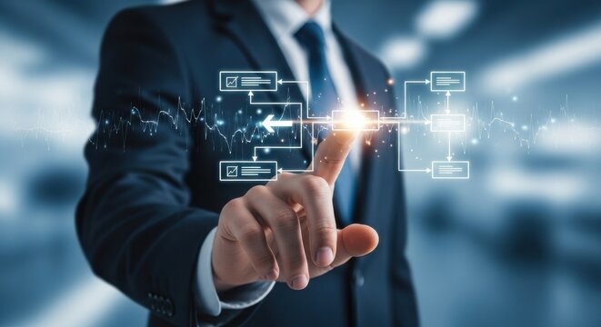 Businessman interacts with digital flowchart and data graph