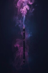 Vibrant colored smoke rising from a stick in a dark surreal atmosphere