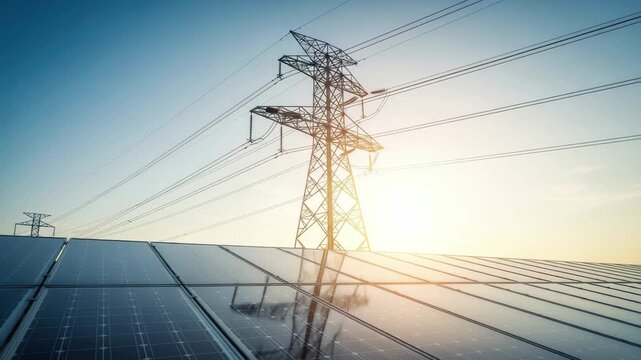 Solar panels and power lines reflect golden sunlight at sunset, illustrating renewable energy future 4k high quality footage