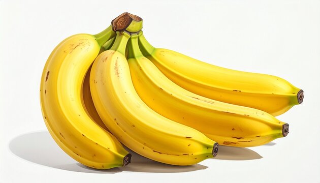 A bunch of ripe yellow bananas with brown spots, grouped together on a plain white background.