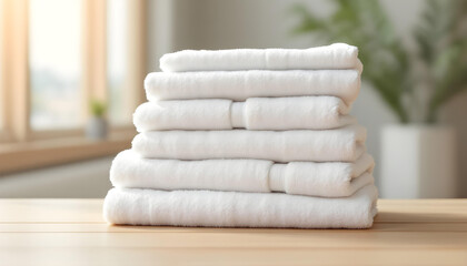 A stack of six white, folded towels is neatly arranged on a light brown wooden surface