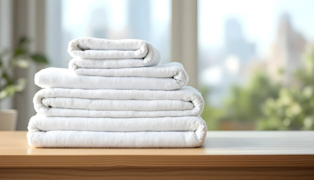 A stack of six white, folded towels is neatly arranged on a light brown wooden surface