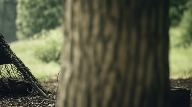 Soldier operates rugged laptop in tactical woodland setting, monitoring critical mission data 4k high quality footage
