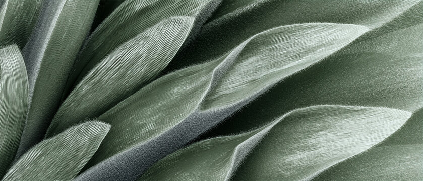 Macro close-up of Puya raimondii petals with silver-green coloration and soft fluffy leaf textures. Shows delicate organic fibers, subtle gradients, and detailed botanical surface.