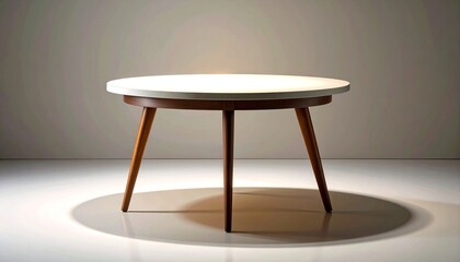 A minimalist round table with white top and wooden legs under directional lighting.