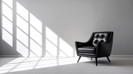 Fototapeta premium Sleek Black Leather Armchair in Bright Minimalist Room with Window Shadows