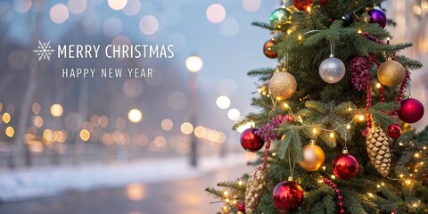 Christmas tree with glowing lights and baubles Merry Christmas and Happy New Year greeting card background .