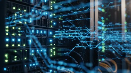 In the server room, cables and servers create a complex network environment. The cables connect to servers, illustrating data transfer through this digital network. - Powered by Adobe