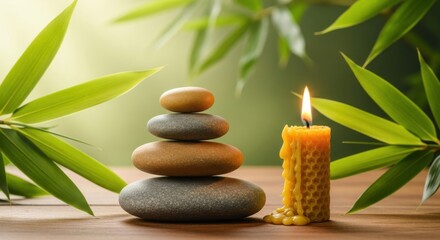 Zen stones and lit candle with bamboo leaves