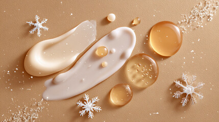 Luxurious skincare textures with creamy and gel drops on warm beige background with decorative snowflakes for winter