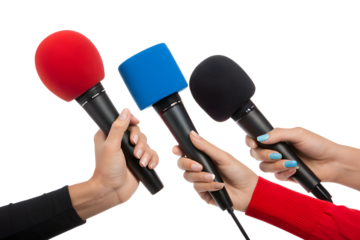 Hands Holding Microphones with Red, Blue, and Black Foam