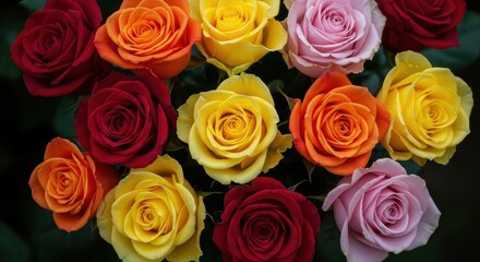 Vibrant bouquet of multi-colored roses, close-up