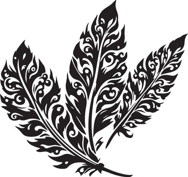 Three Decorative Feathers Vector Illustration Ornate Scrollwork Pattern Tribal Swirl Tattoo Design Graphic Element