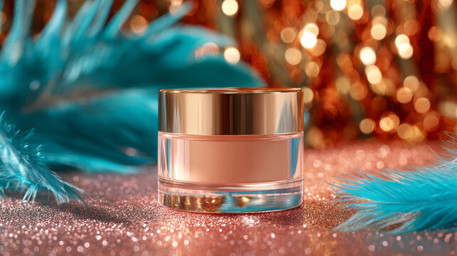 Peach toned beauty cream jar with shiny gold lid on glitter surface with soft blue feathers creating elegant mood - Powered by Adobe