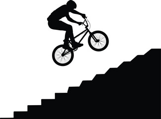 Helmeted BMX rider executes daring stair jump in silhouette, showcasing precision, control, and thrill of urban stunt biking.