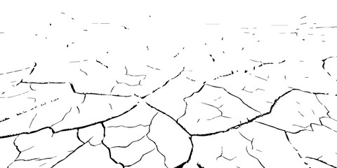 High-contrast black and white cracked earth texture with deep fissures and dried soil patterns. Ideal for environmental themes, drought concepts, abstract backgrounds, and graphic design elements.