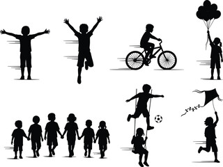 Playful Children Silhouettes in Outdoor Activities – Joyful Childhood Moments Captured in Dynamic Black-and-White Minimalist Illustration