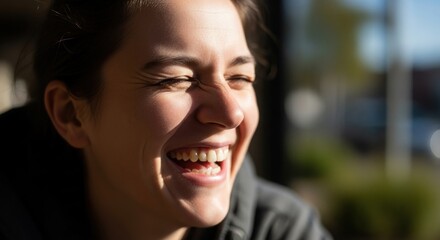 Joyful young woman laughing with eyes closed in bright sunlight