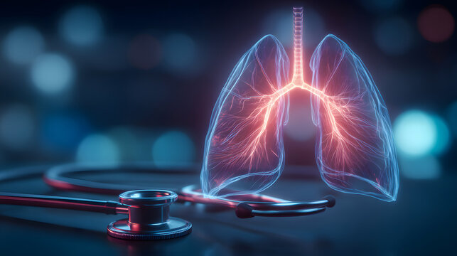 Medical Concept of Respiratory Health: Glowing Lungs and Stethoscope on Dark Background - Powered by Adobe