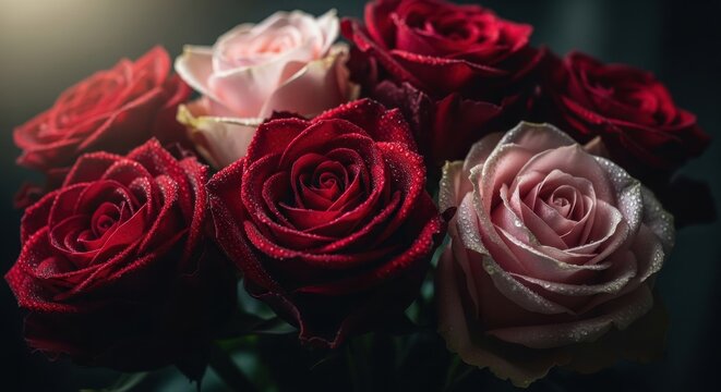 Dew-kissed red and pink roses bouquet - Powered by Adobe