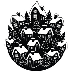 Black and White Silhouette of a Snowy Village with Houses and Christmas Trees town winter