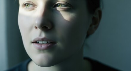 Young woman with green eyes looking away, dramatic window light