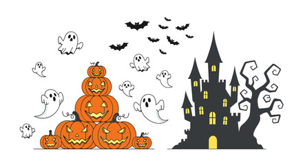 Spooky Halloween fun with friendly ghosts, bats, pumpkin tower and haunted castle for playful seasonal designs perfect for kids and festive events