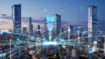 Dynamic 5G network connects a futuristic cityscape with glowing data streams and soaring skyscrapers 4k high quality footage - Powered by Adobe